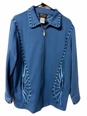 Bob Mackie Wearable Art Blue Embroidered Zip Jacket L Geometric Statement